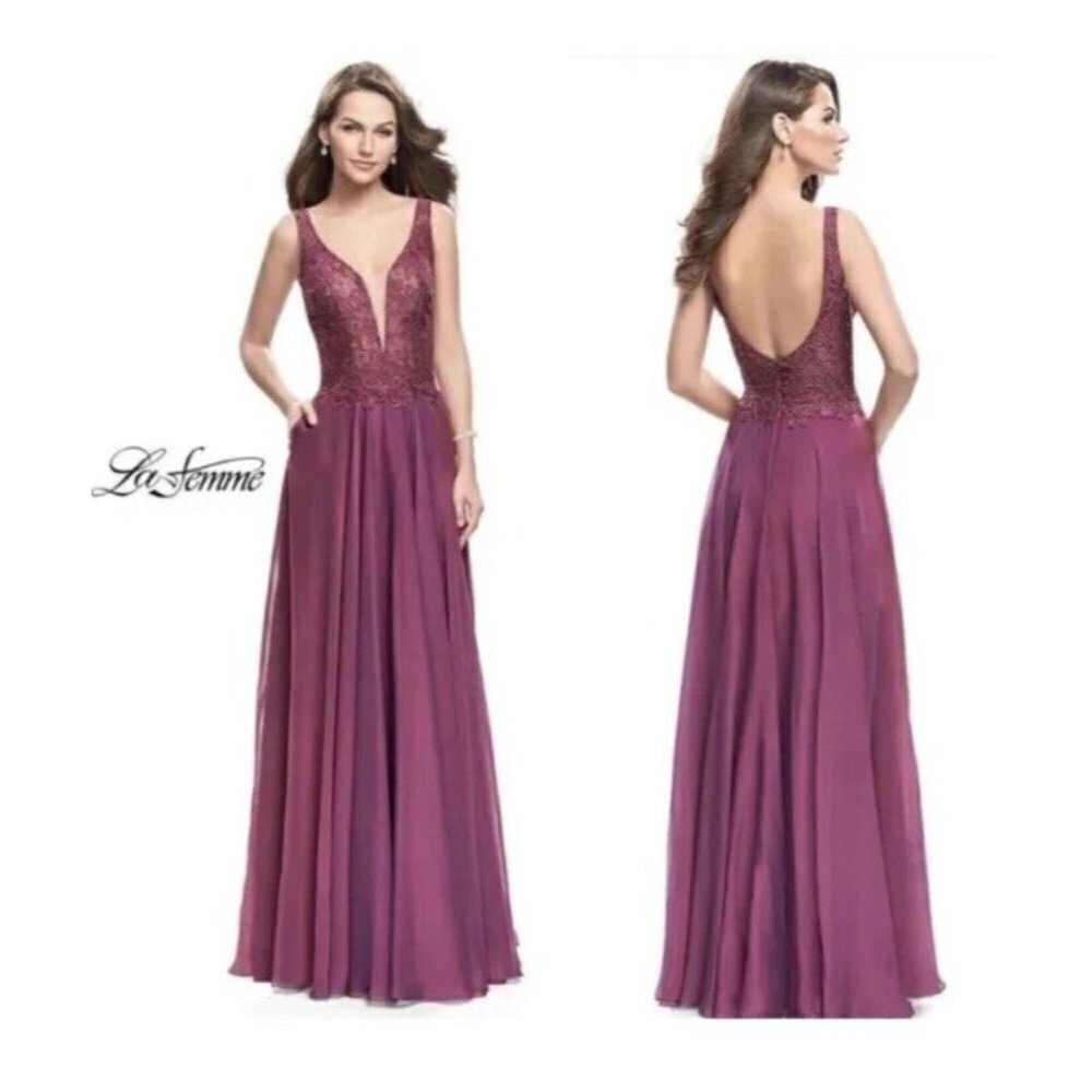 La Femme Plum Maxi Dress with Lace Bodice